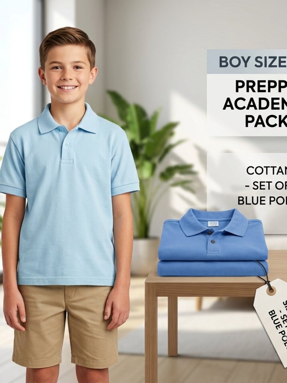 Set of 2 Boy 12 Polo Shirt Cotton Blue Preppy Academy Breathable Minimalist
